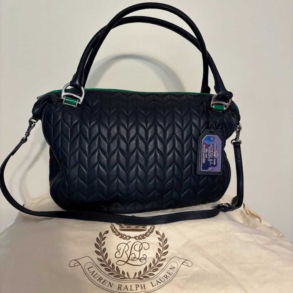 RALPH LAUREN Navy/Green Quilted Leather Bag with Dust Bag - Excellent Condition - Picture 7 of 16